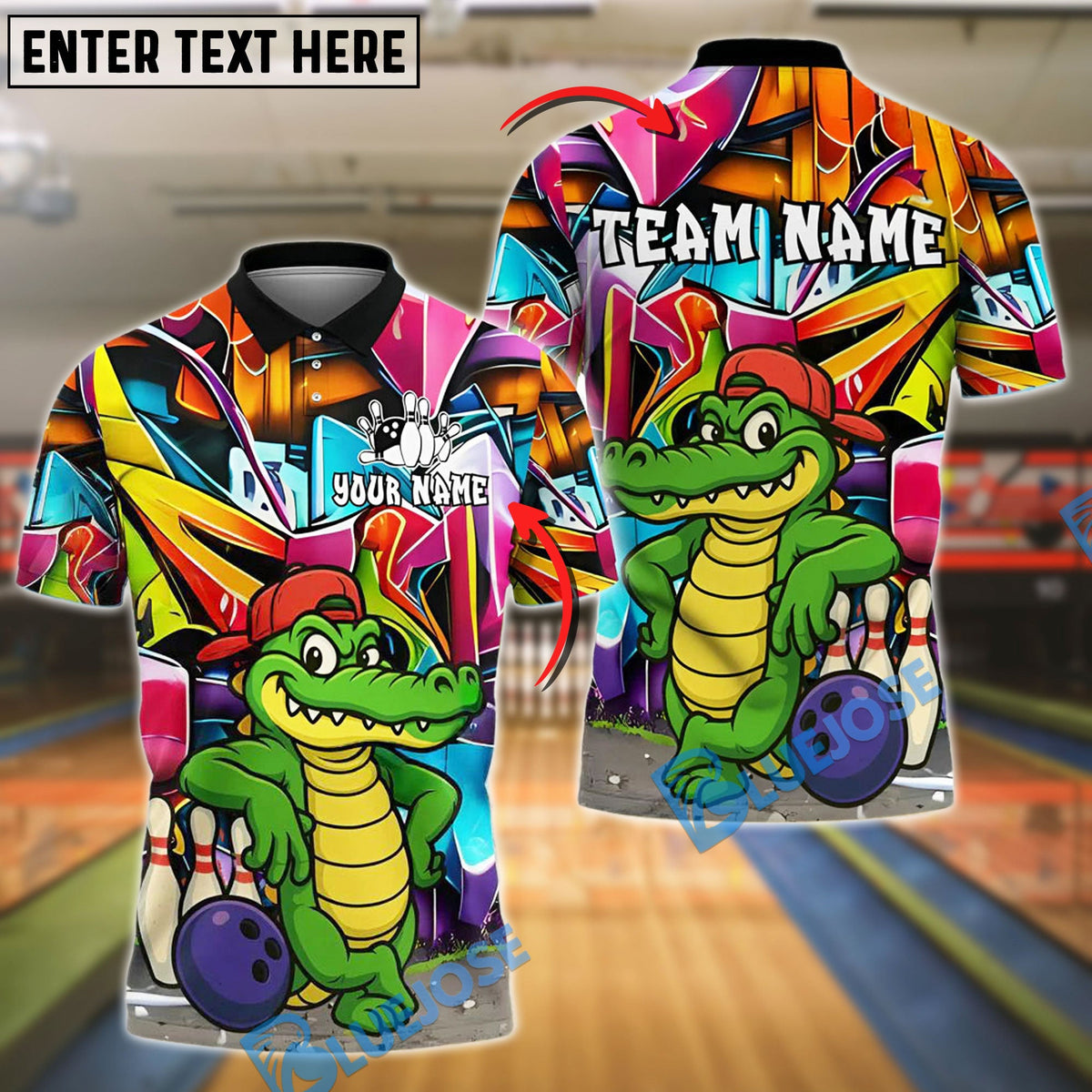 BlueJose Bowling Graffiti Alligator Personalized Name, Team Name Unisex Shirt