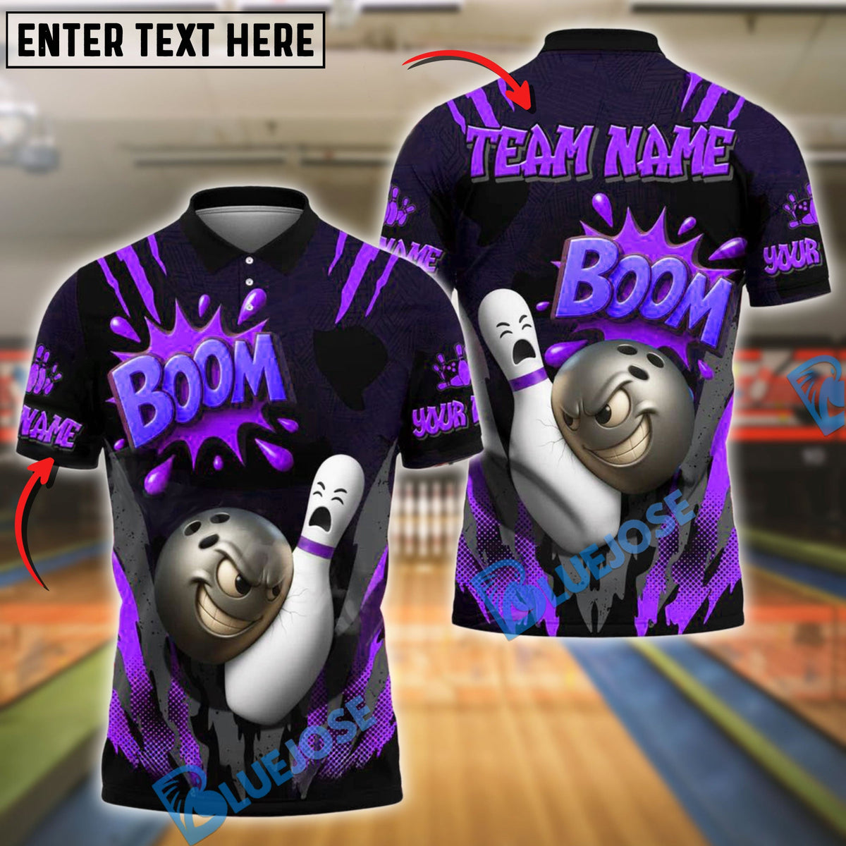 BlueJose Bowling Boom Cartoon Impact Customized Name, Team Name 3D Shirt (4 Colors)