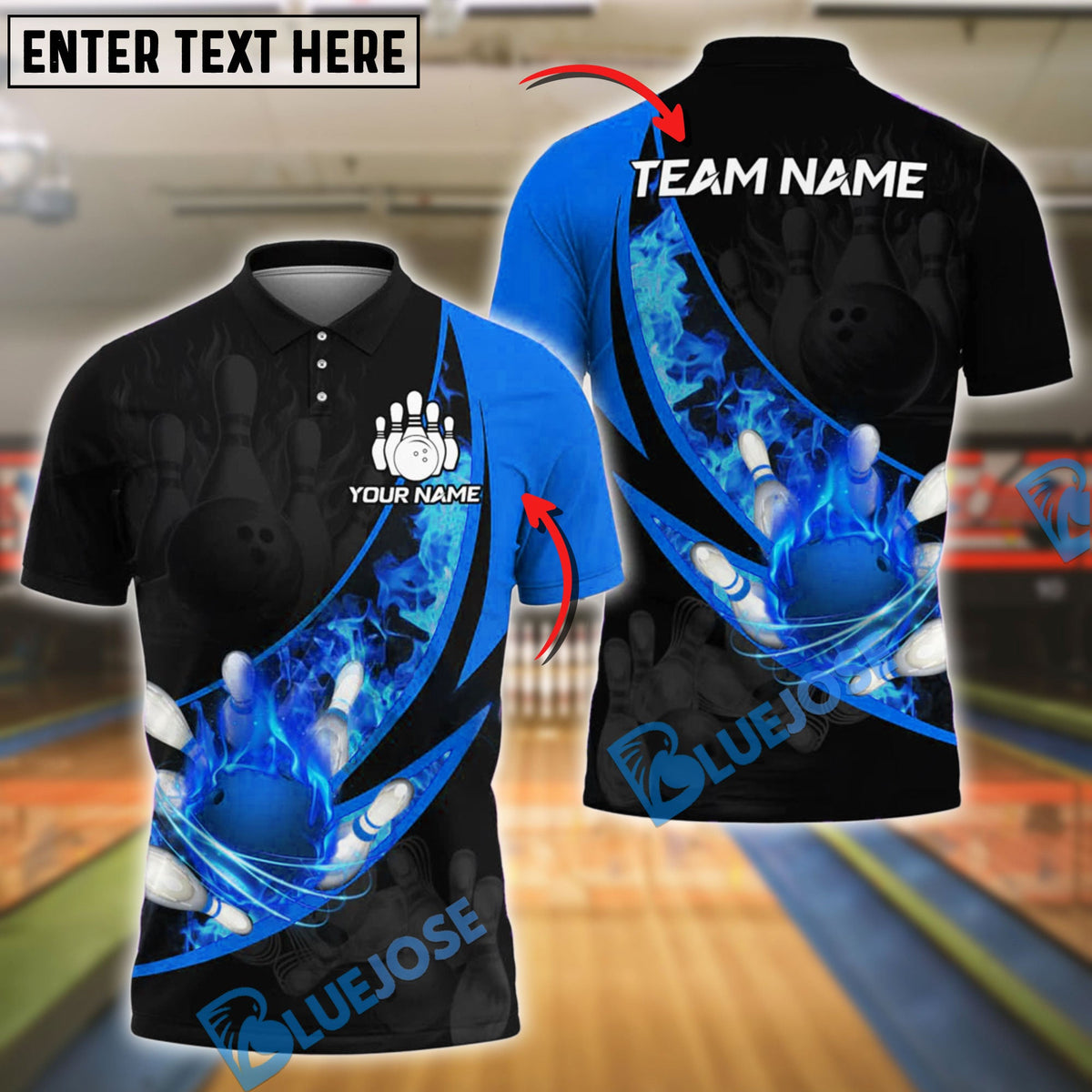 BlueJose Bowling Fire Flaming Strike Explosion Design Customized Name, Team Name 3D Shirt (4 Colors)
