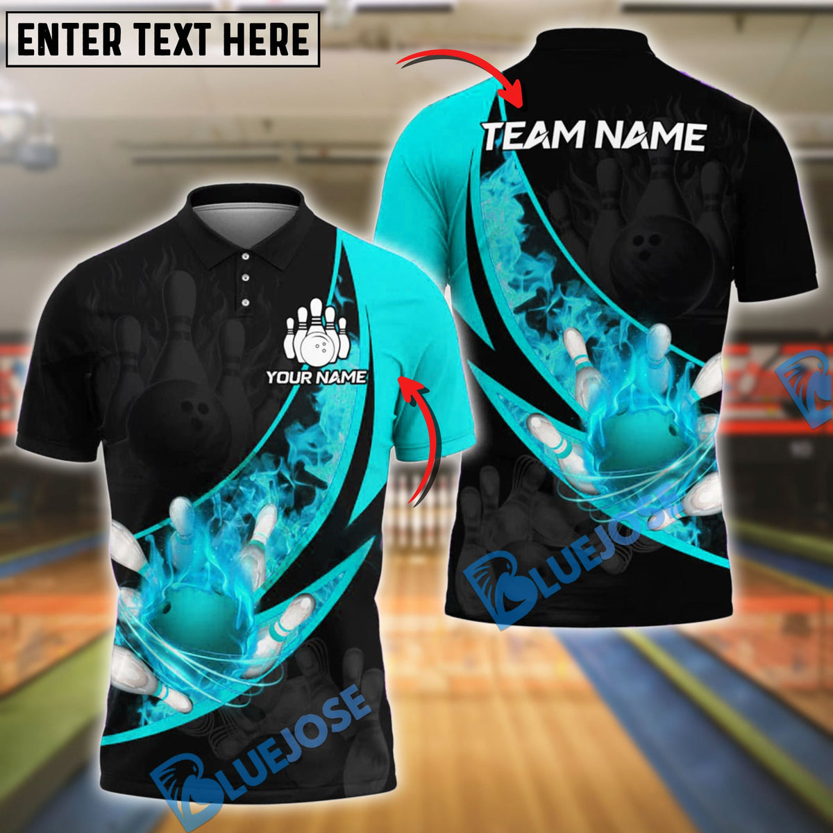 BlueJose Bowling Fire Flaming Strike Explosion Design Customized Name, Team Name 3D Shirt (4 Colors)