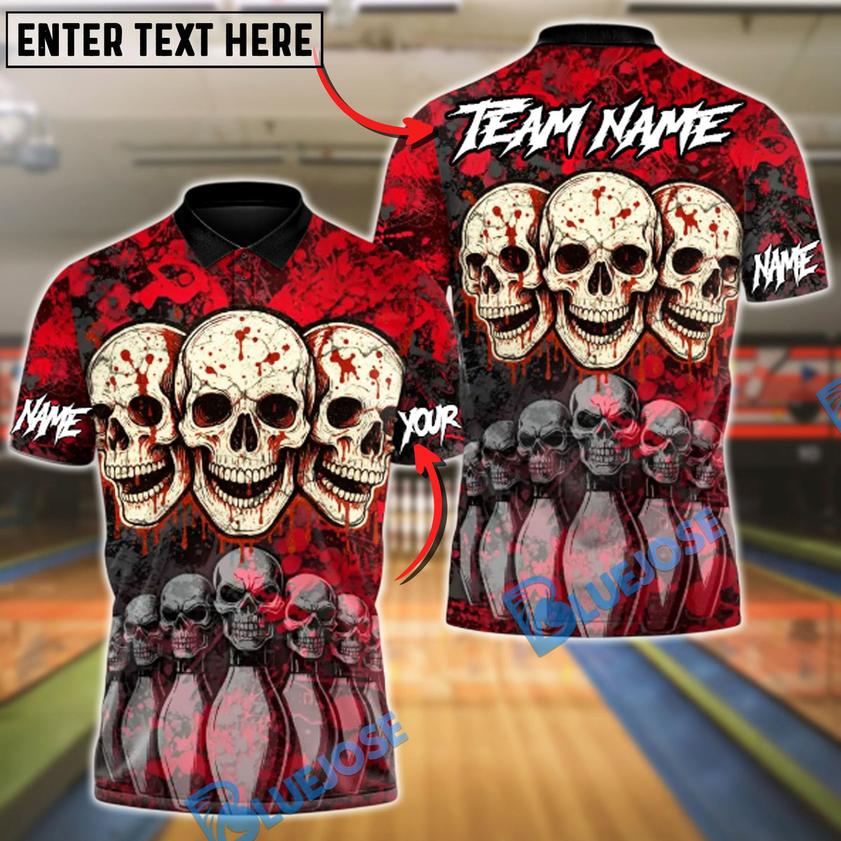BlueJose Bowling And Pins Death Strike Skull Customized Name, Team Name 3D Shirt (4 Colors)