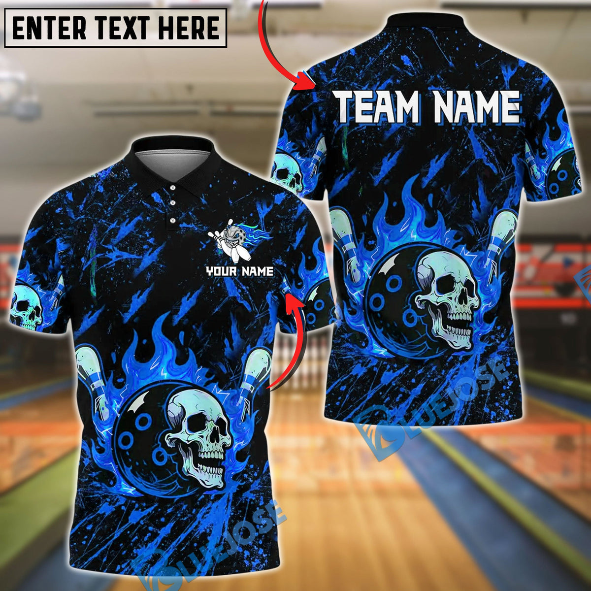 BlueJose Bowling And Pins Flame Skull Face Ball Design Customized Name, Team Name 3D Shirt (4 Colors)