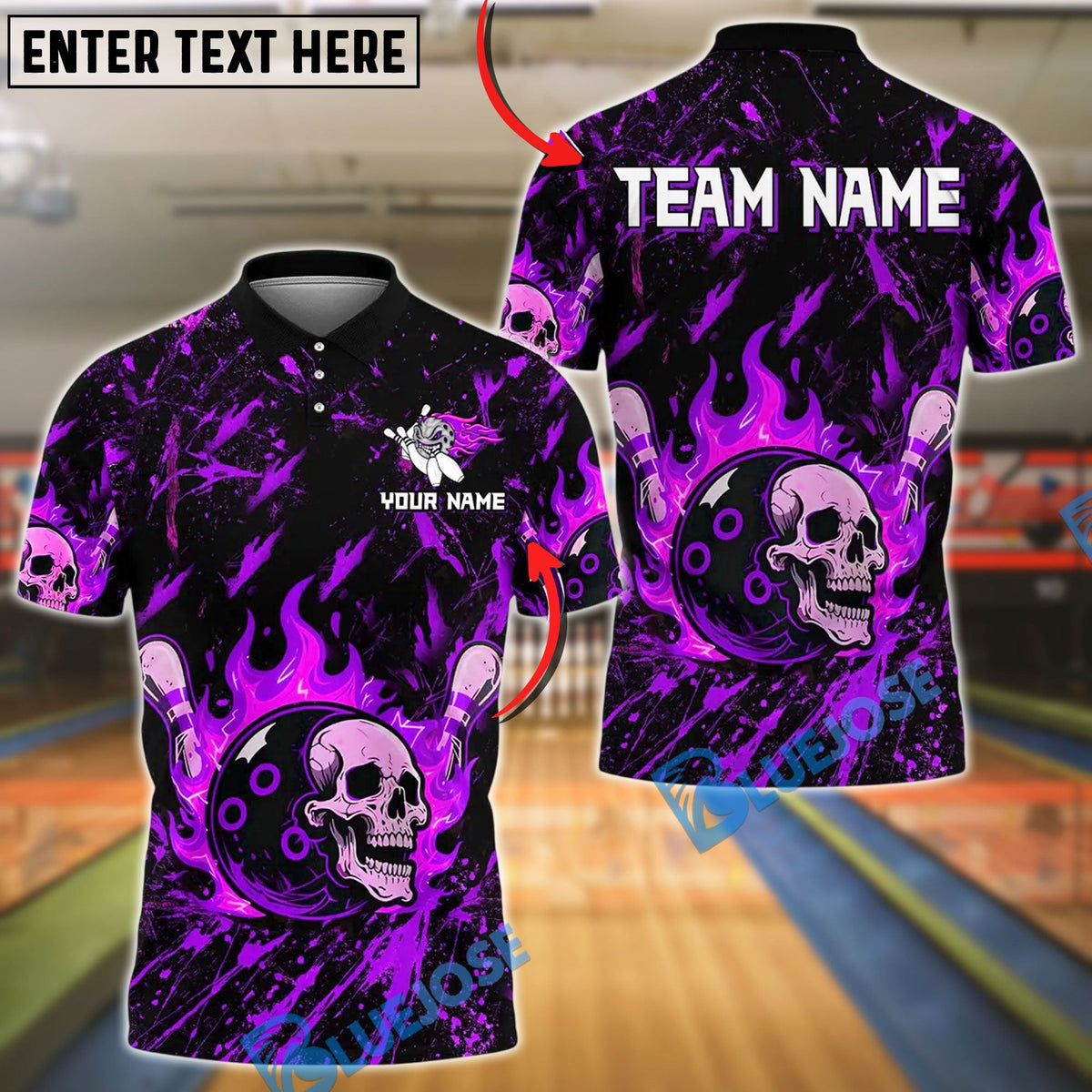BlueJose Bowling And Pins Flame Skull Face Ball Design Customized Name, Team Name 3D Shirt (4 Colors)