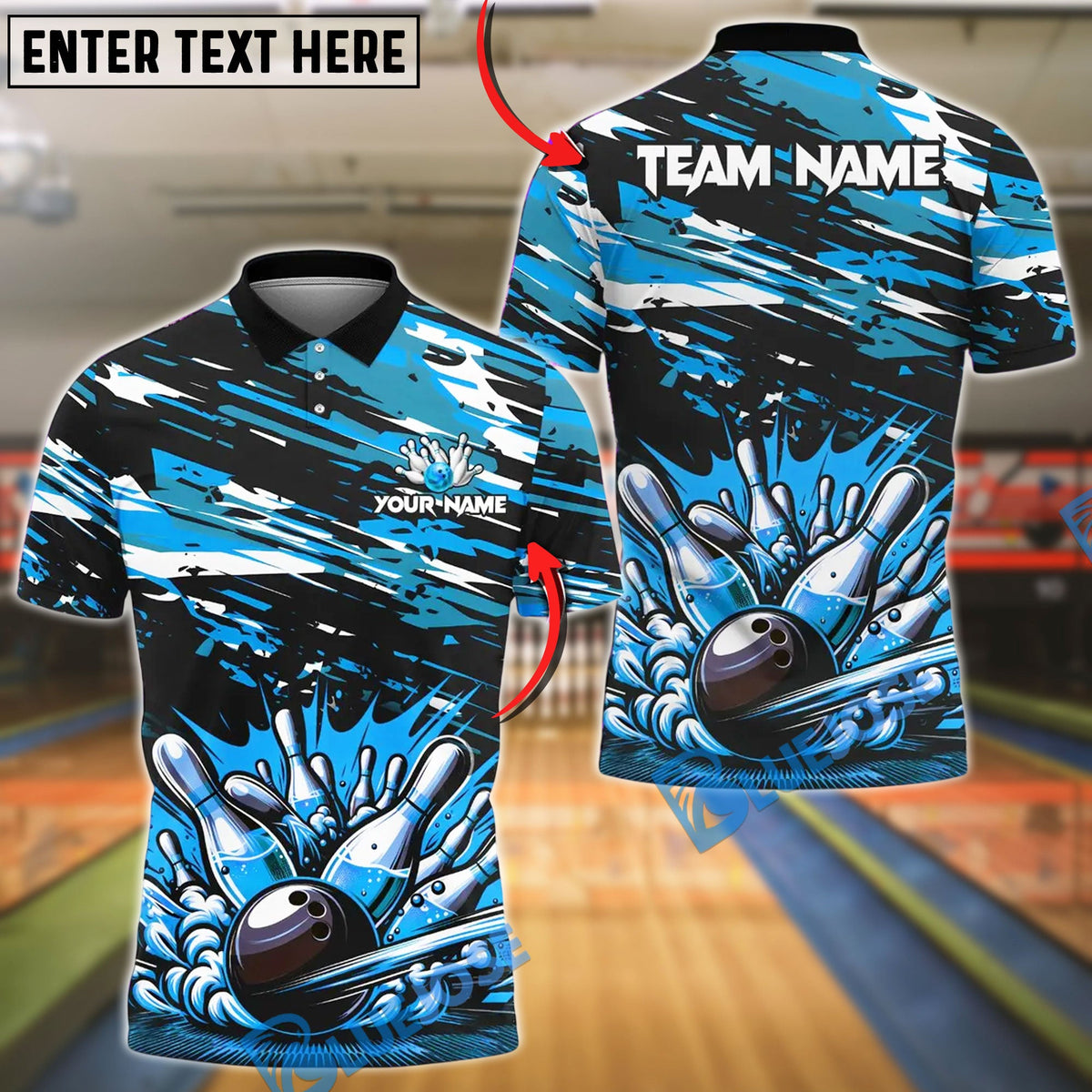 BlueJose Bowling And Pins Paint Impact Customized Name, Team Name 3D Shirt (4 Colors)