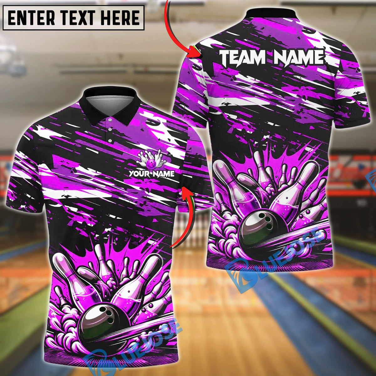 BlueJose Bowling And Pins Paint Impact Customized Name, Team Name 3D Shirt (4 Colors)