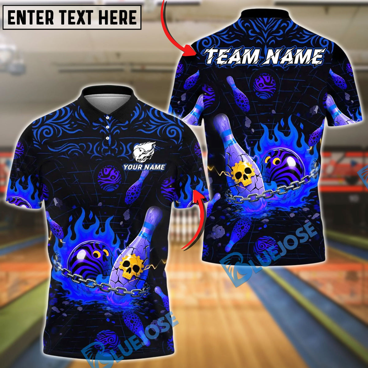 BlueJose Bowling And Pins Flame Skull Funny Face Ball Design Customized Name, Team Name 3D Shirt (4 Colors)