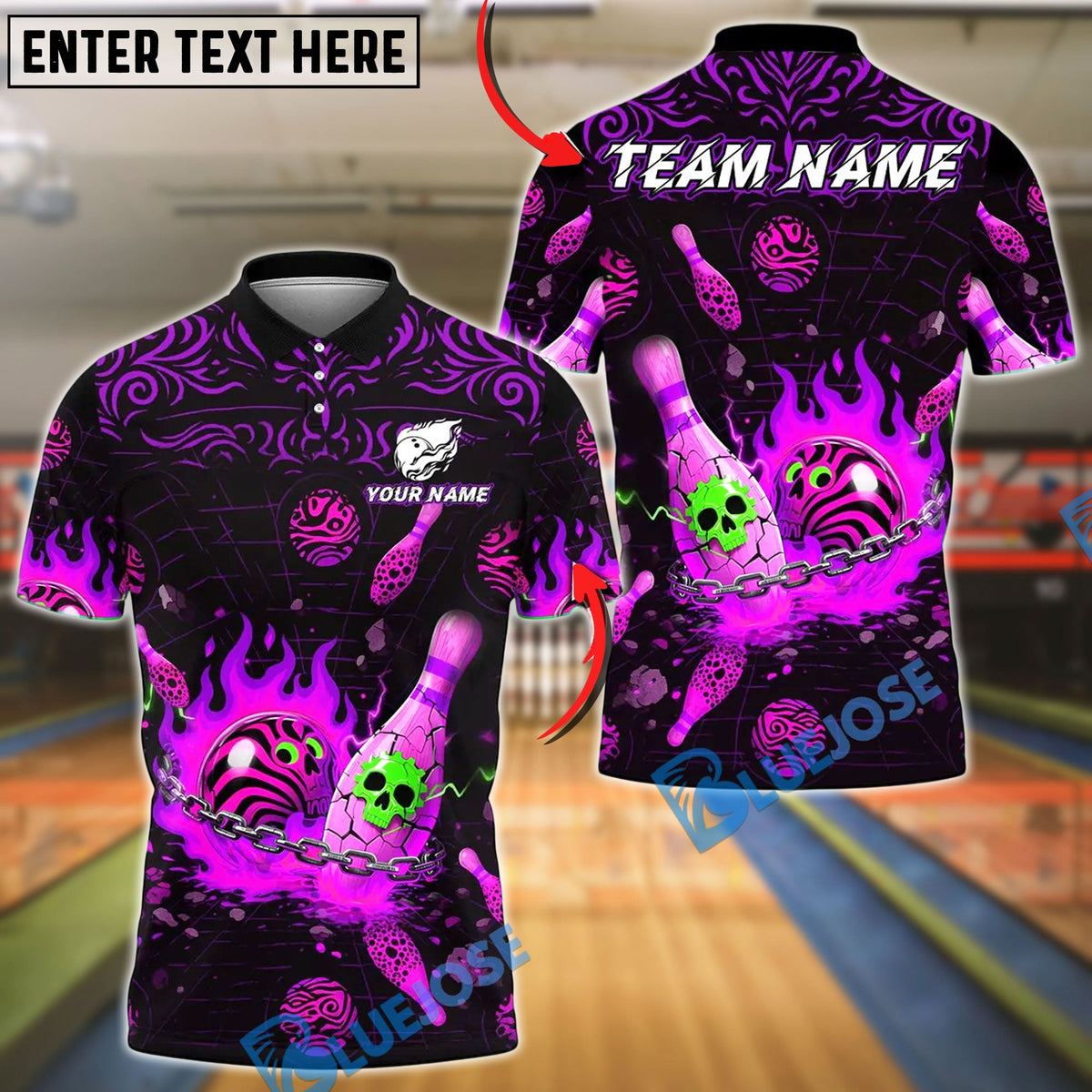 BlueJose Bowling And Pins Flame Skull Funny Face Ball Design Customized Name, Team Name 3D Shirt (4 Colors)