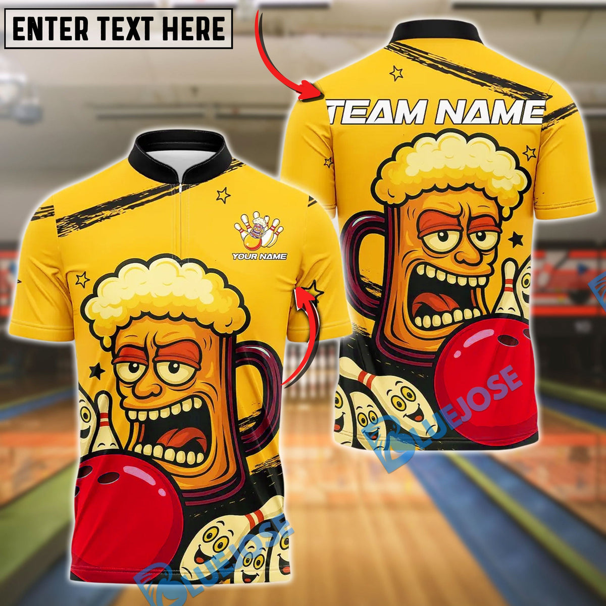 BlueJose Bowling And Pins Funny Beer Mug Customized Name, Team Name 3D Shirt (4 Colors)