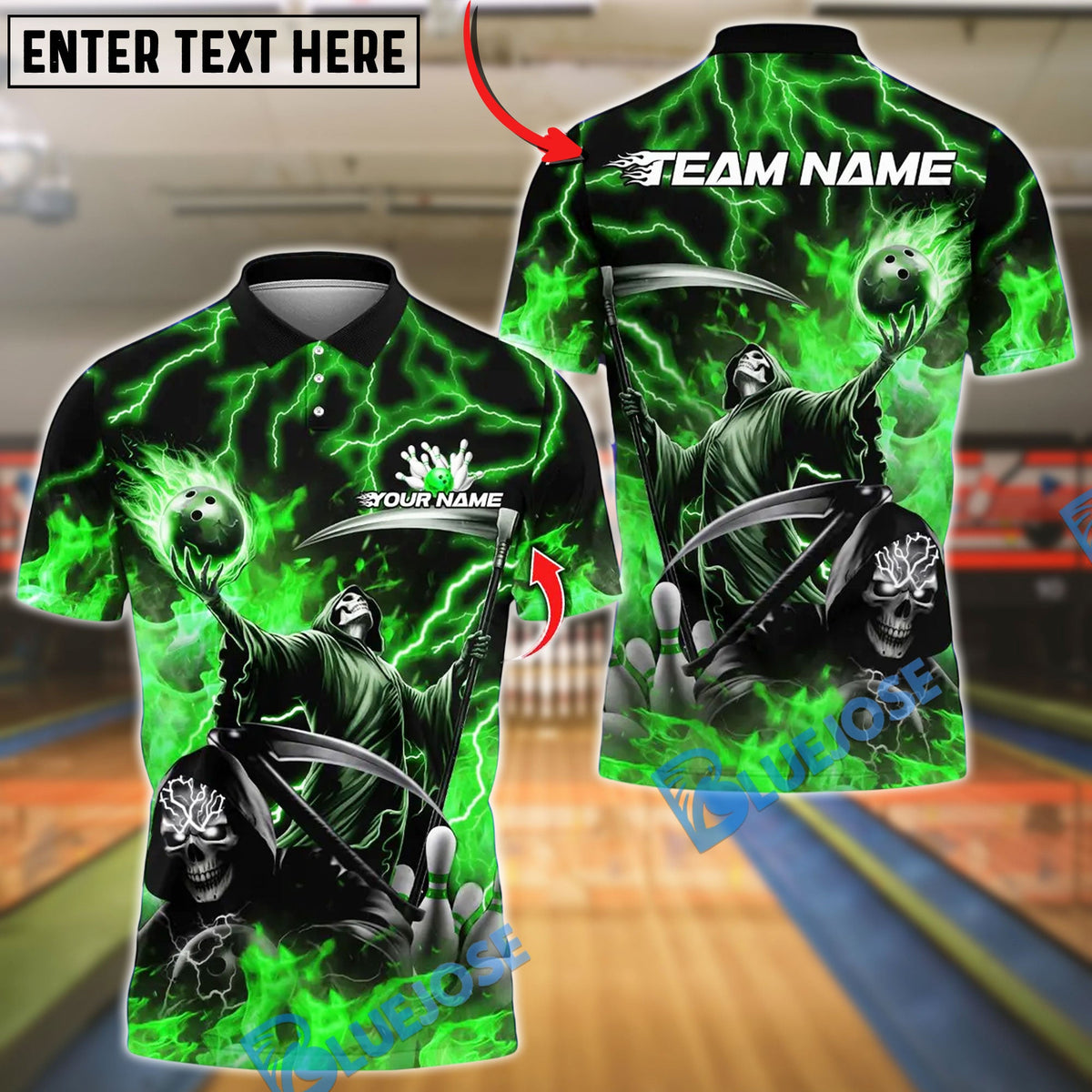 BlueJose Bowling And Pins Grim Reaper Skull With Flame Bowling Design Customized Name, Team Name 3D Shirt (4 Colors)