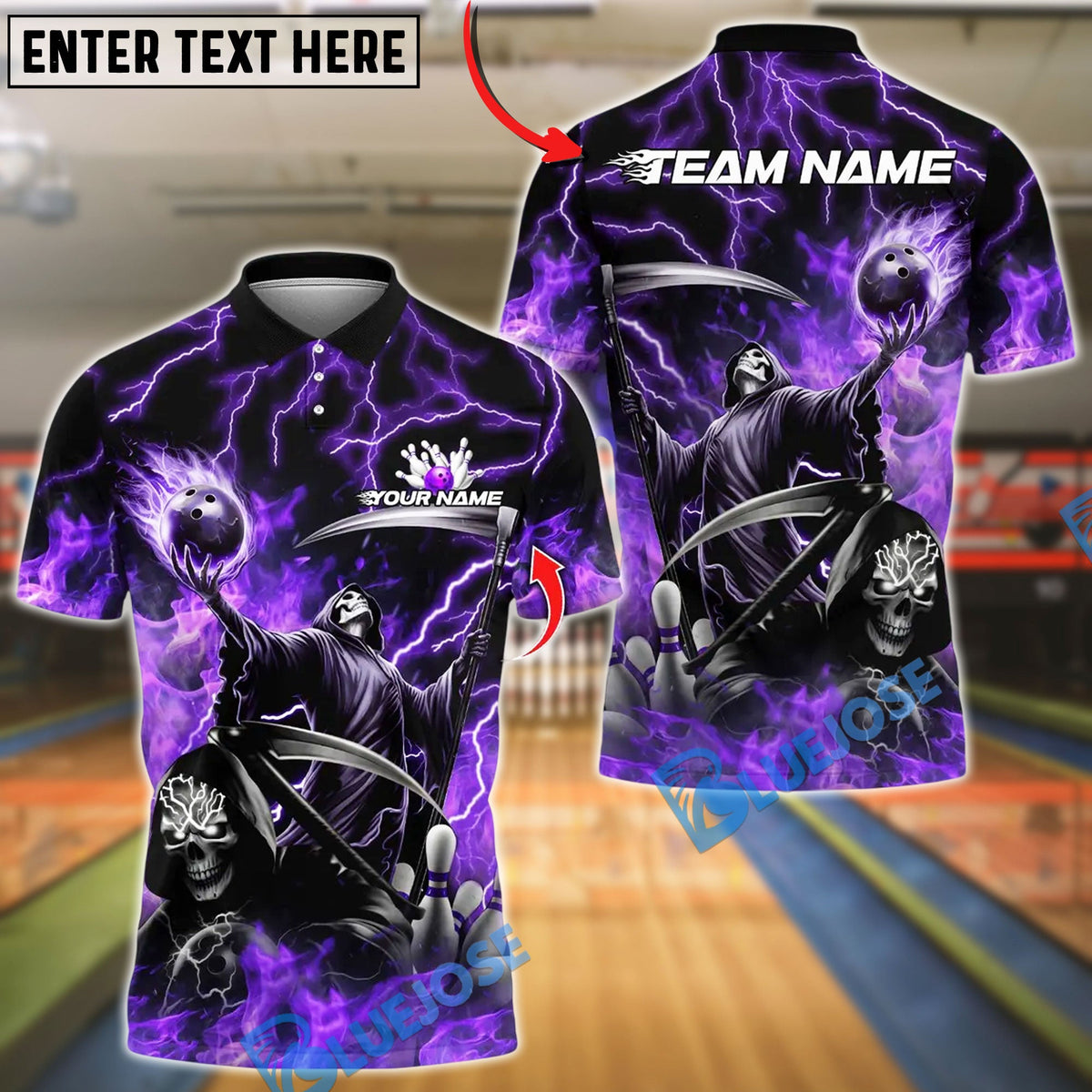 BlueJose Bowling And Pins Grim Reaper Skull With Flame Bowling Design Customized Name, Team Name 3D Shirt (4 Colors)