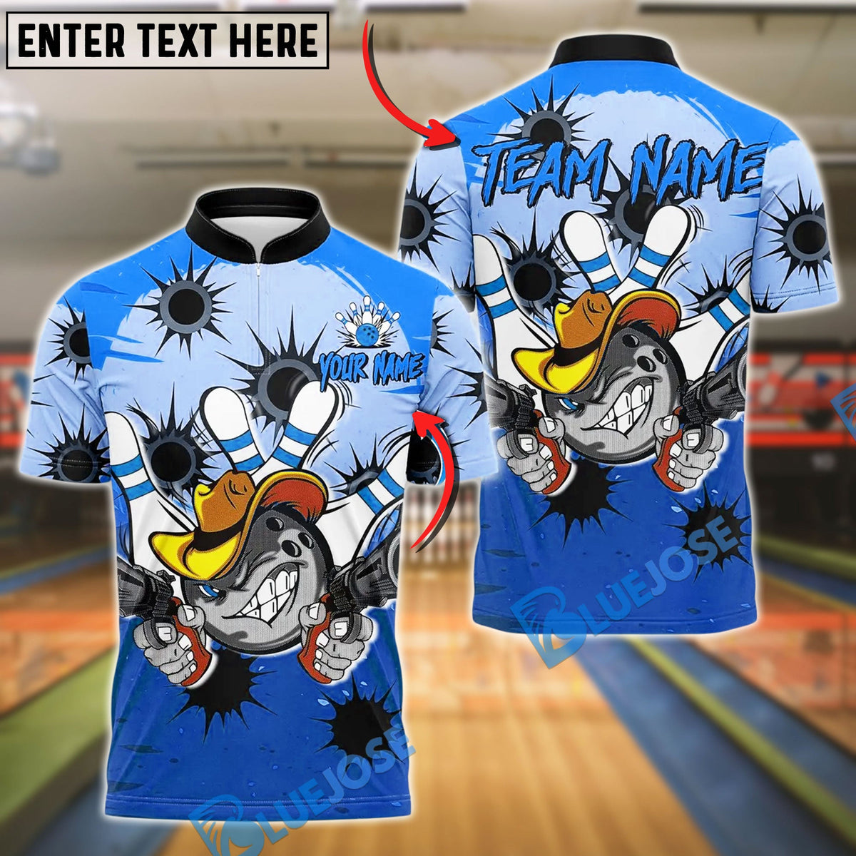 BlueJose Bowling And Pins Cowboy With Bullet Holes Design Customized Name, Team Name 3D Shirt (4 Colors)