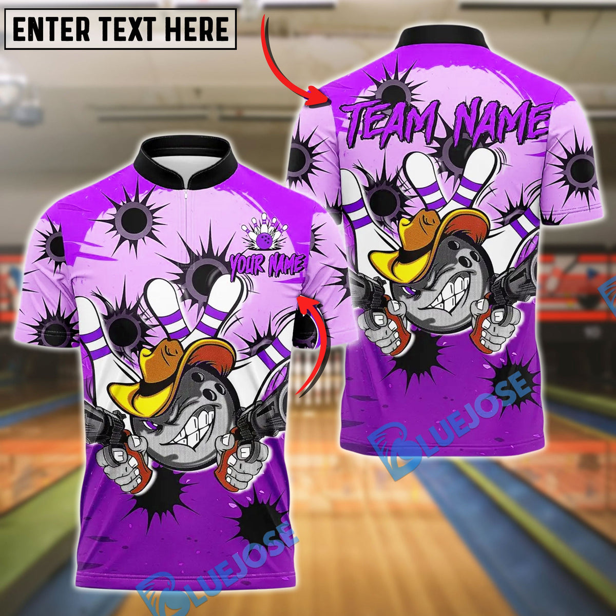 BlueJose Bowling And Pins Cowboy With Bullet Holes Design Customized Name, Team Name 3D Shirt (4 Colors)
