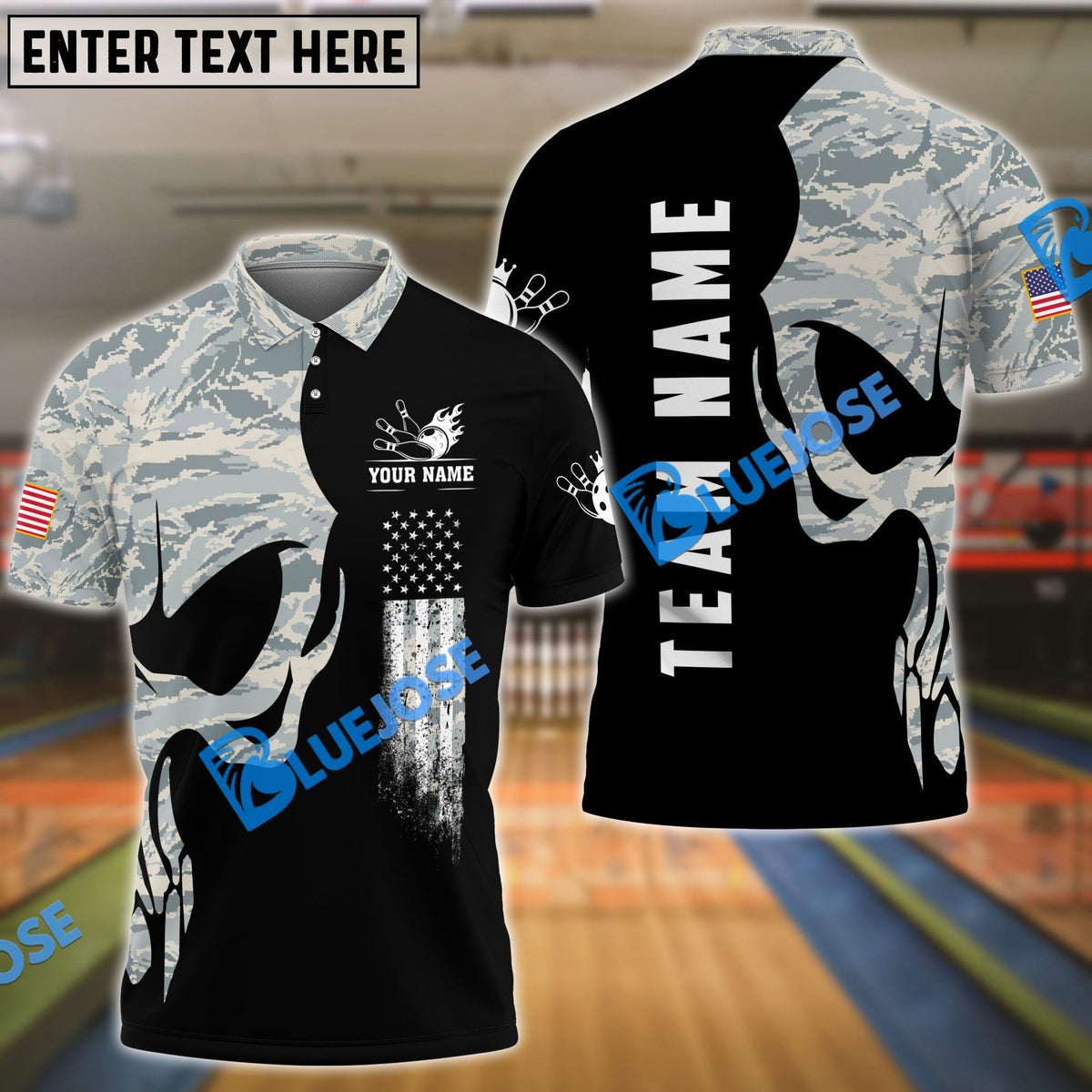 BlueJose Bowling And Pins Skull Army Flag Custom Multicolor Customized Name 3D Shirt (4 Colors)