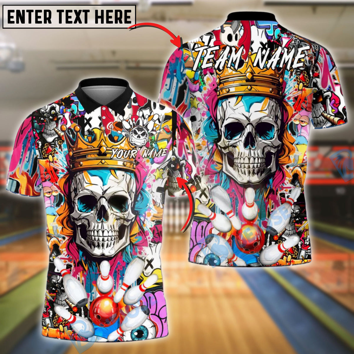 BlueJose Bowling And Pins Skull King Graffiti Crown Customized Name, Team Name 3D Shirt