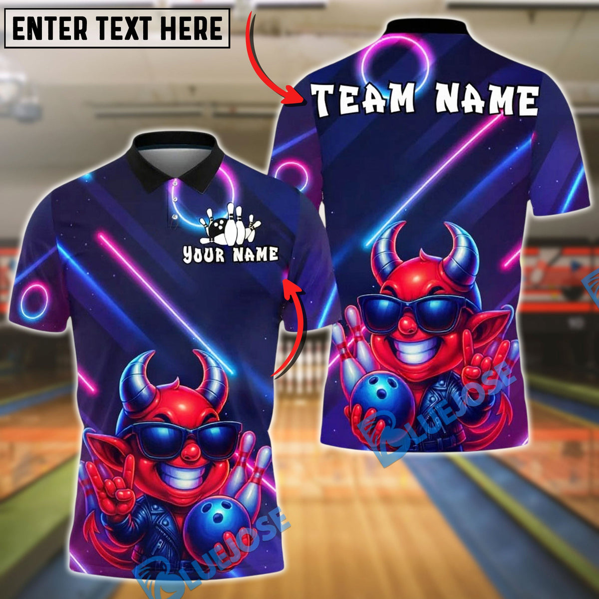 BlueJose Bowling And Pins Neon Devil Character Customized Name, Team Name 3D Shirt (4 Colors)