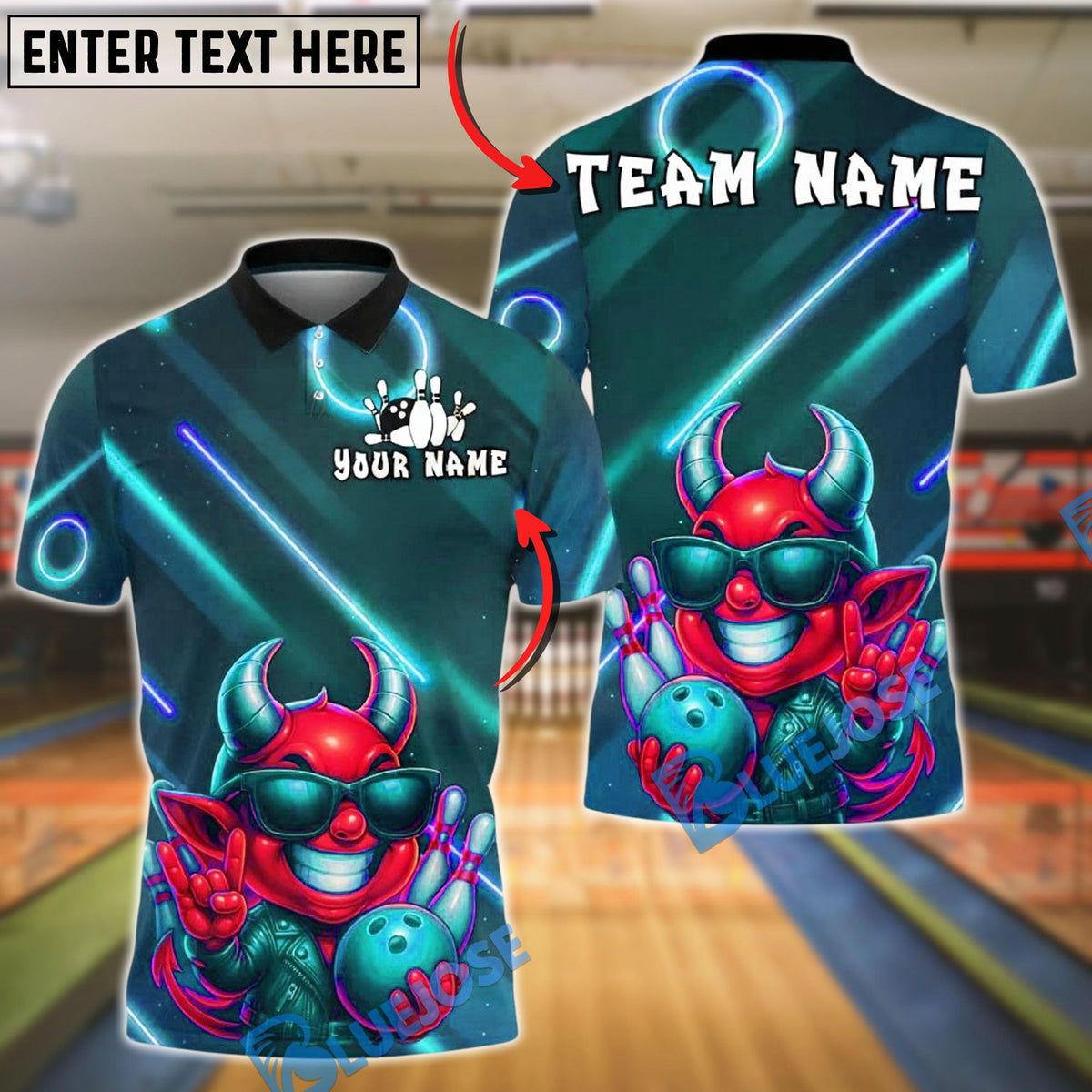 BlueJose Bowling And Pins Neon Devil Character Customized Name, Team Name 3D Shirt (4 Colors)