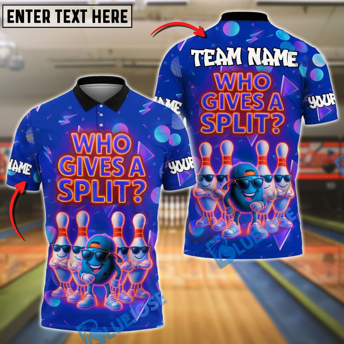 BlueJose Neon Bowling Shirt Who Gives A Split Design Customized Name, Team Name 3D Shirt (4 Colors)