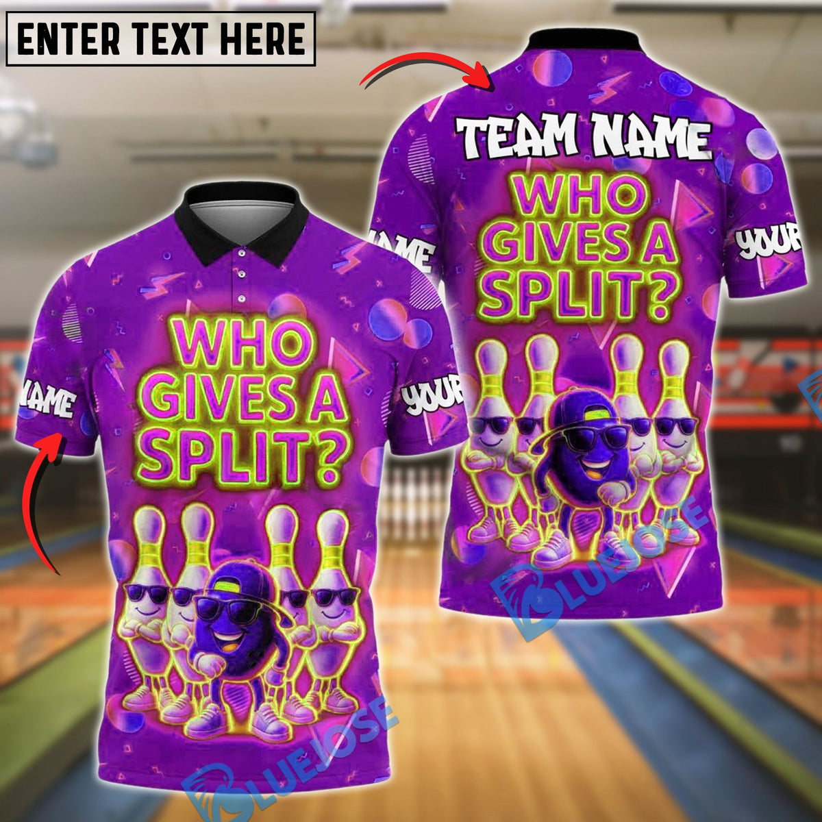 BlueJose Neon Bowling Shirt Who Gives A Split Design Customized Name, Team Name 3D Shirt (4 Colors)