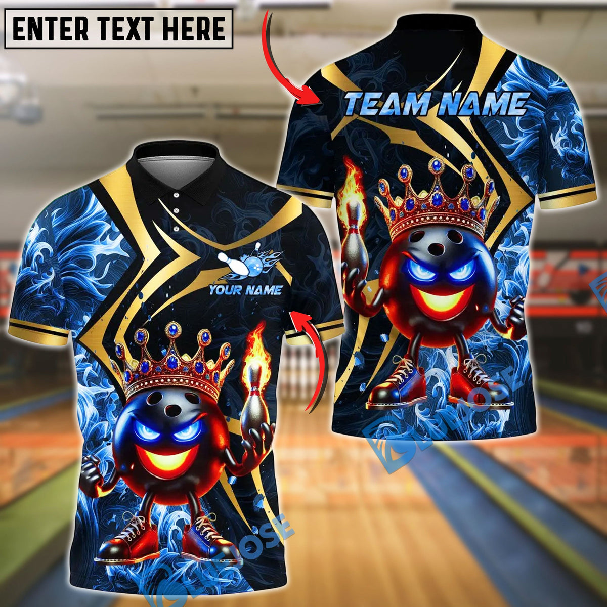 BlueJose Bowling And Pins King Ball With Crown Customized Name 3D Shirt (4 Colors)