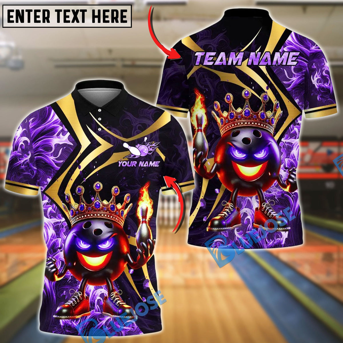 BlueJose Bowling And Pins King Ball With Crown Customized Name 3D Shirt (4 Colors)