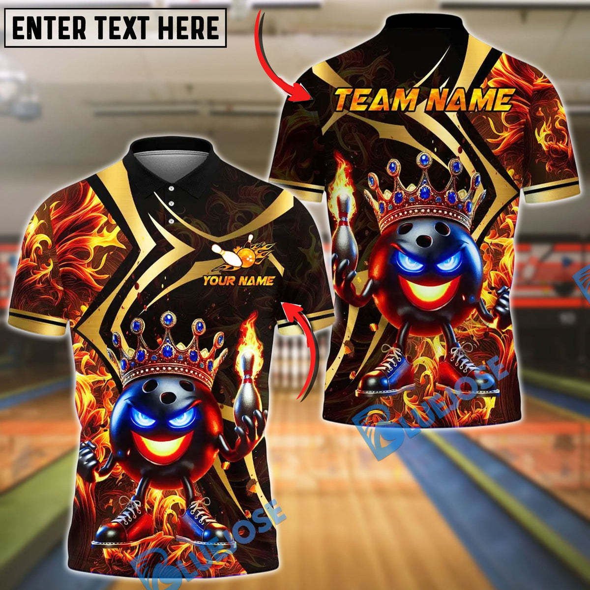 BlueJose Bowling And Pins King Ball With Crown Customized Name 3D Shirt (4 Colors)