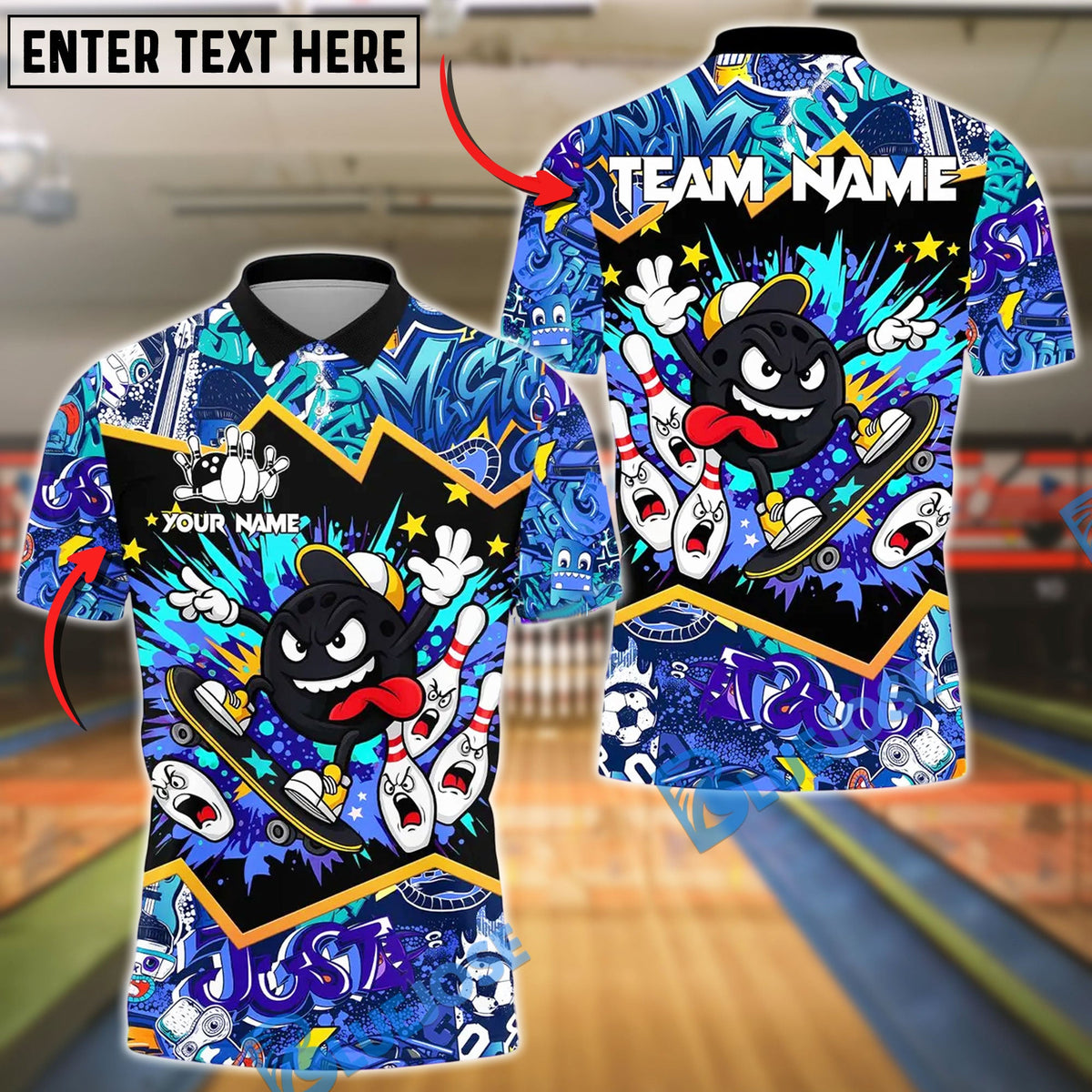 BlueJose Skater Bowling Ball Attack 2 Customized Name, Team Name 3D Shirt (4 Colors)