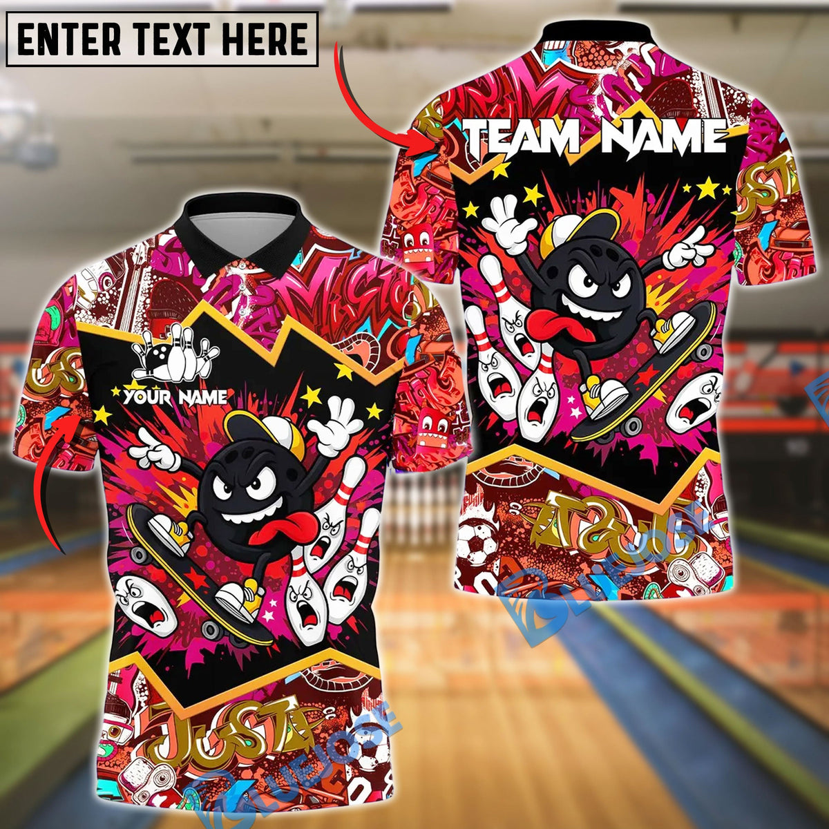 BlueJose Skater Bowling Ball Attack 2 Customized Name, Team Name 3D Shirt (4 Colors)