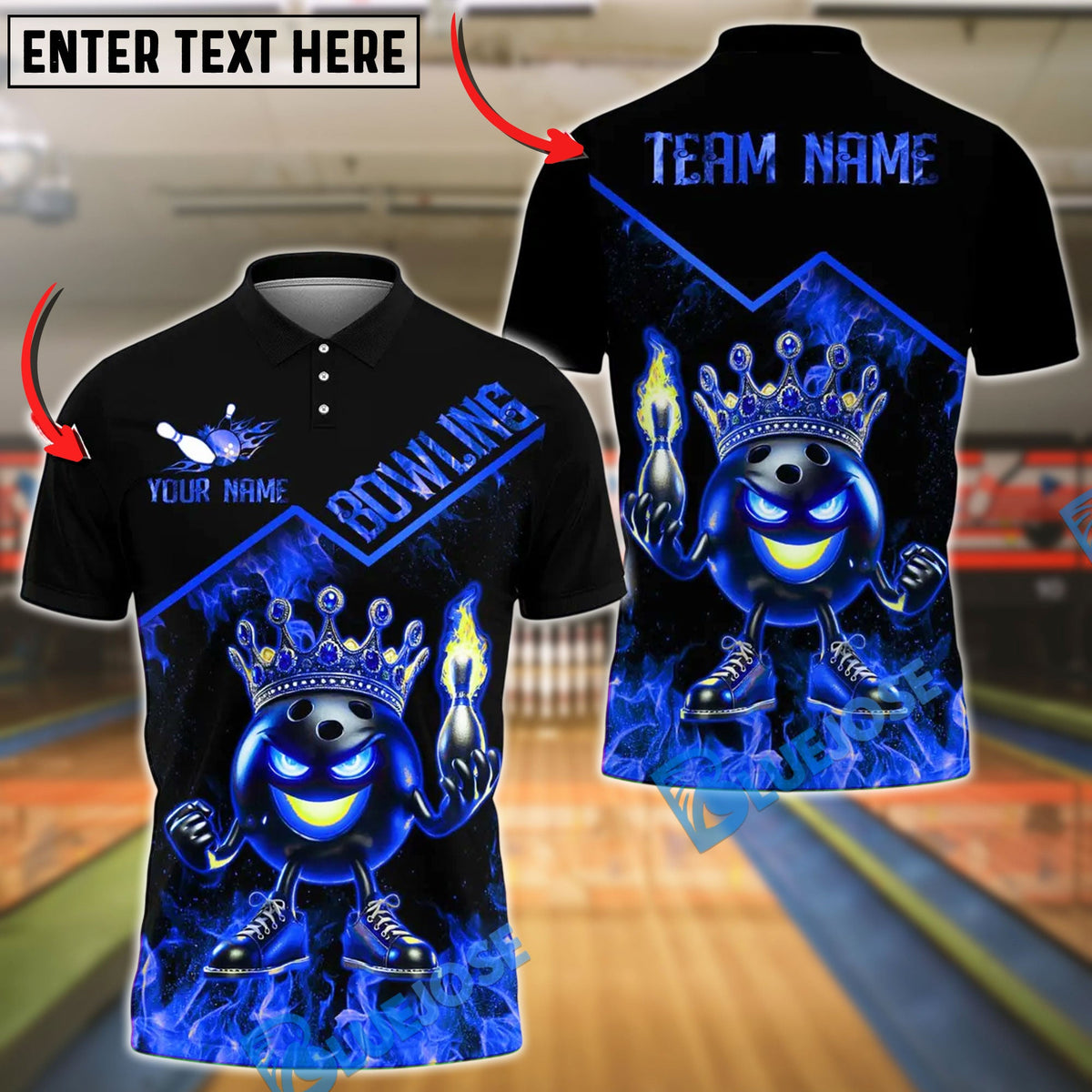 BlueJose Bowling And Pins Fire King Ball With Crown Customized Name 3D Shirt (4 Colors)