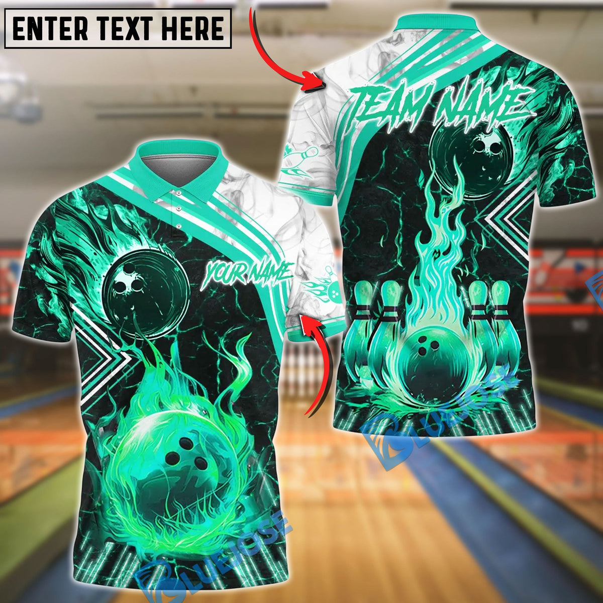 BlueJose Bowling And Pins Fire & Smoke Design Customized Name 3D Shirt (4 Colors)