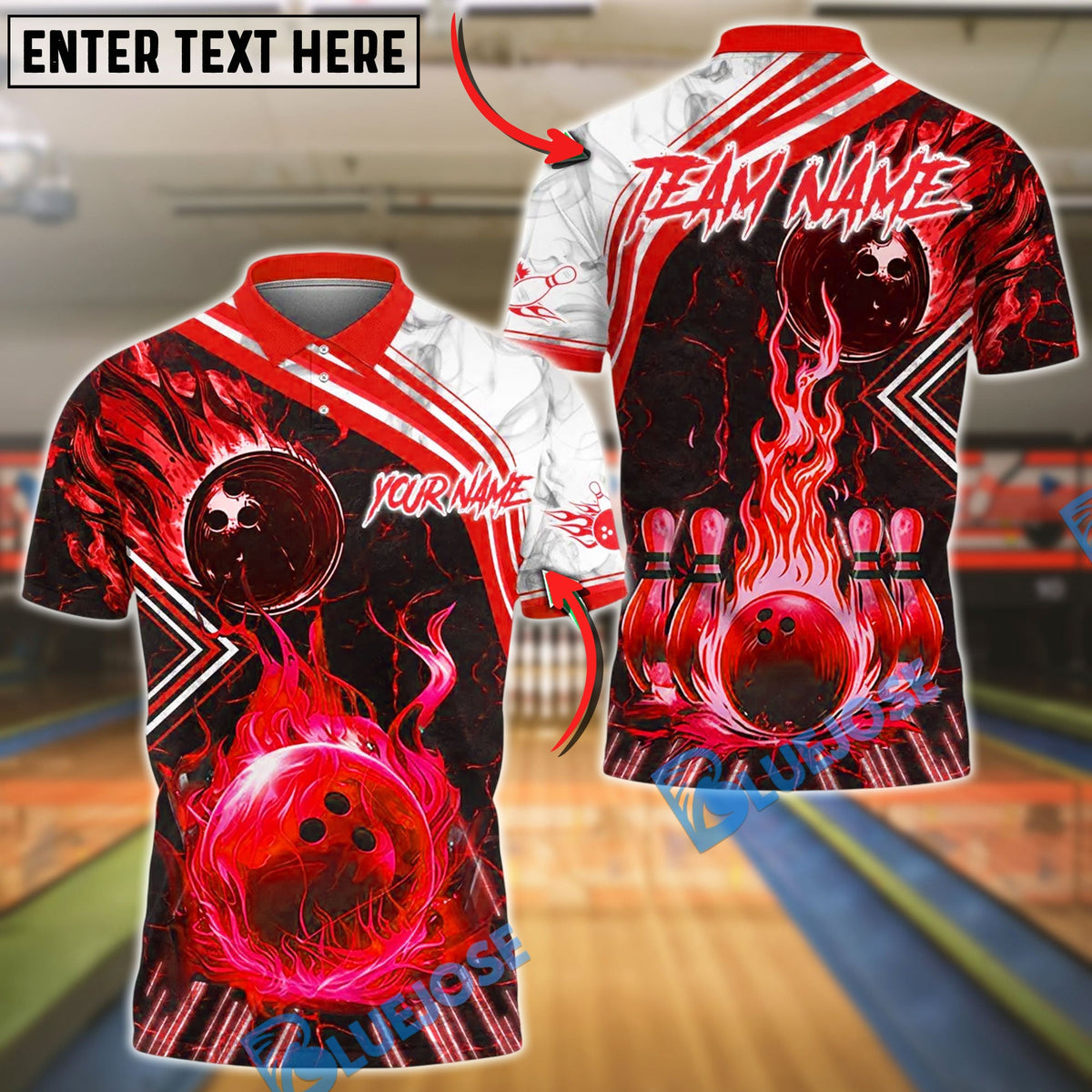 BlueJose Bowling And Pins Fire & Smoke Design Customized Name 3D Shirt (4 Colors)