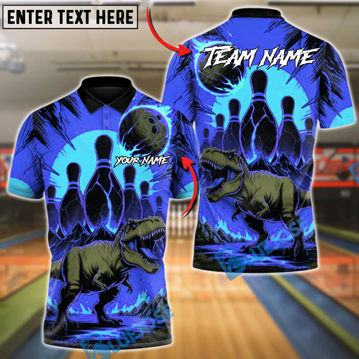 BlueJose Bowling And Pins T-Rex Lava Volcano Customized Name, Team Name 3D Shirt (4 Colors)