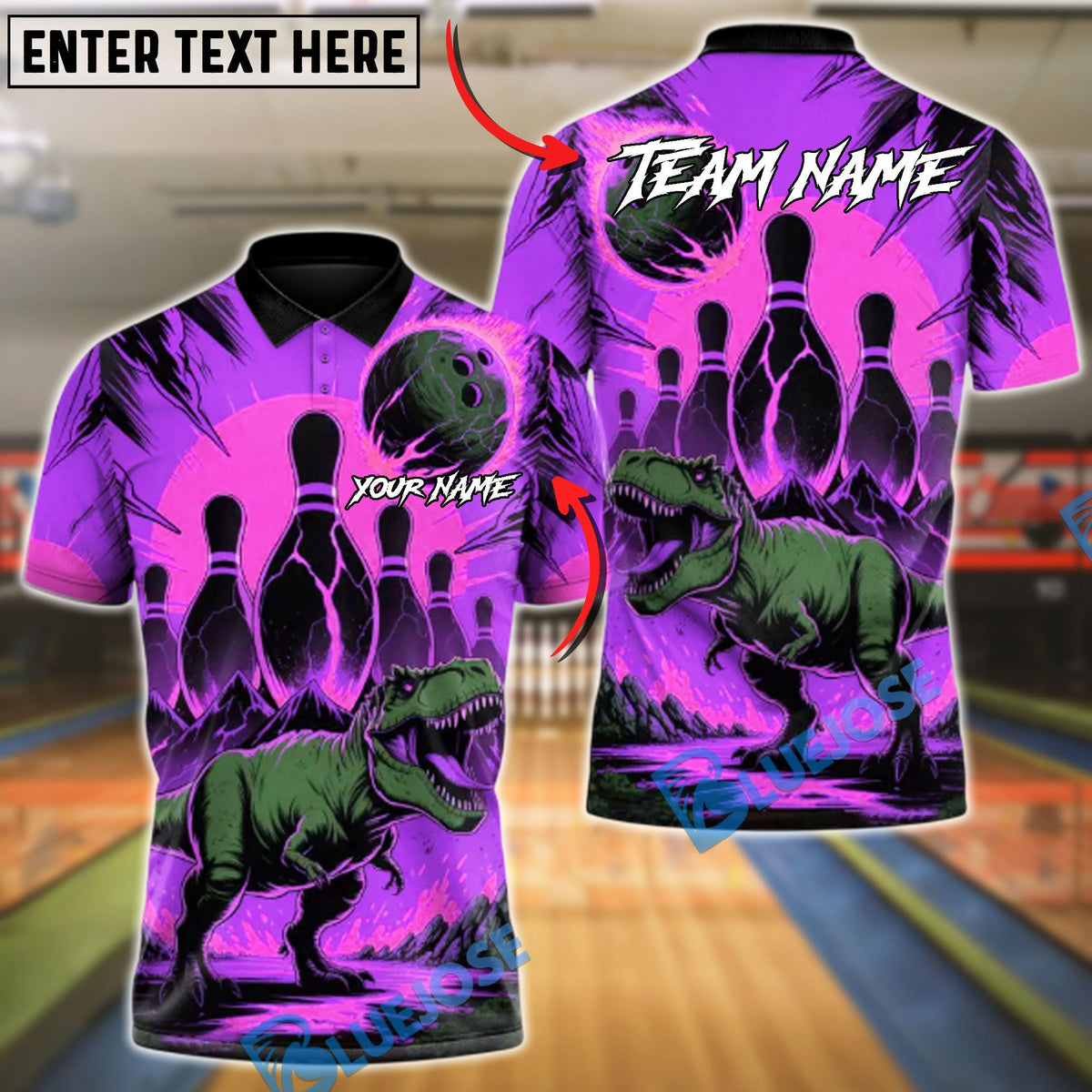BlueJose Bowling And Pins T-Rex Lava Volcano Customized Name, Team Name 3D Shirt (4 Colors)