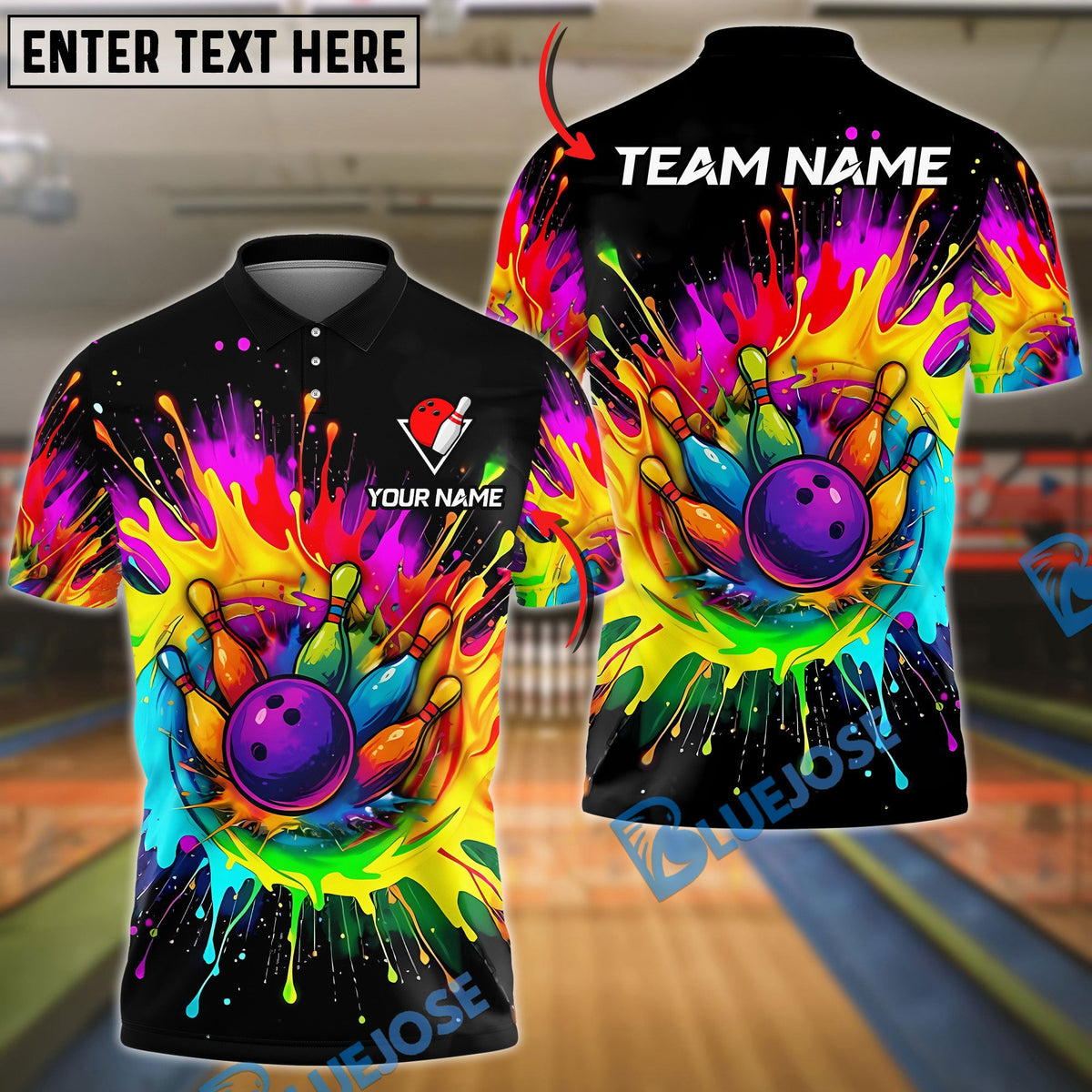 BlueJose Bowling And Pins Rainbow Blast Customized Name, Team Name 3D Shirt