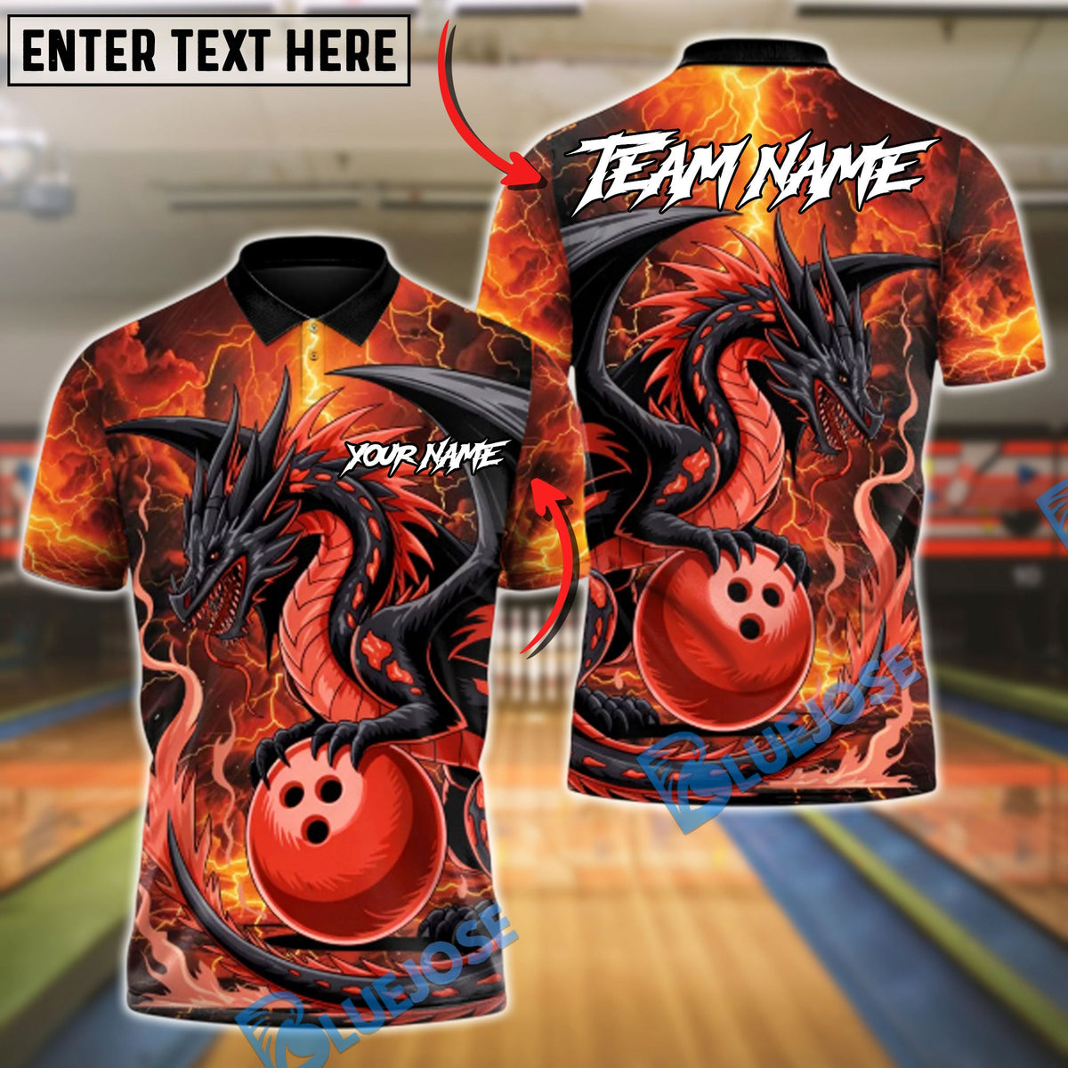 BlueJose Bowling And Pins Hellfire Dragon Customized Name, Team Name 3D Shirt (4 Colors)