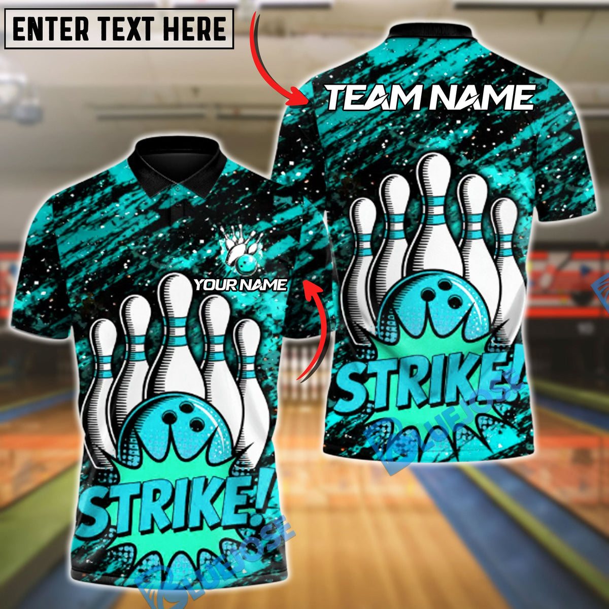 BlueJose Bowling And Pins Boom Strike Customized Name, Team Name 3D Shirt (4 Colors)