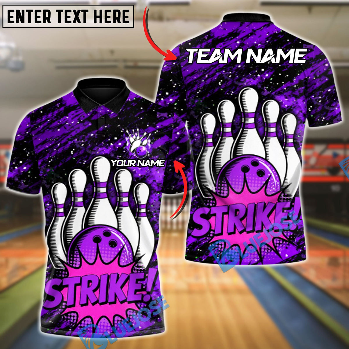 BlueJose Bowling And Pins Boom Strike Customized Name, Team Name 3D Shirt (4 Colors)