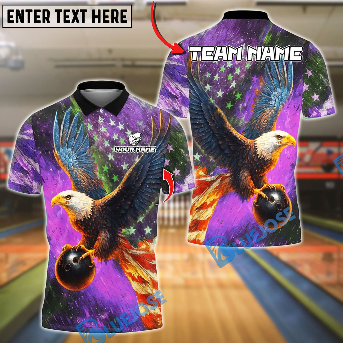 BlueJose Bowling And Pins Sky Eagle US Flag Customized Name, Team Name 3D Shirt (4 Colors)