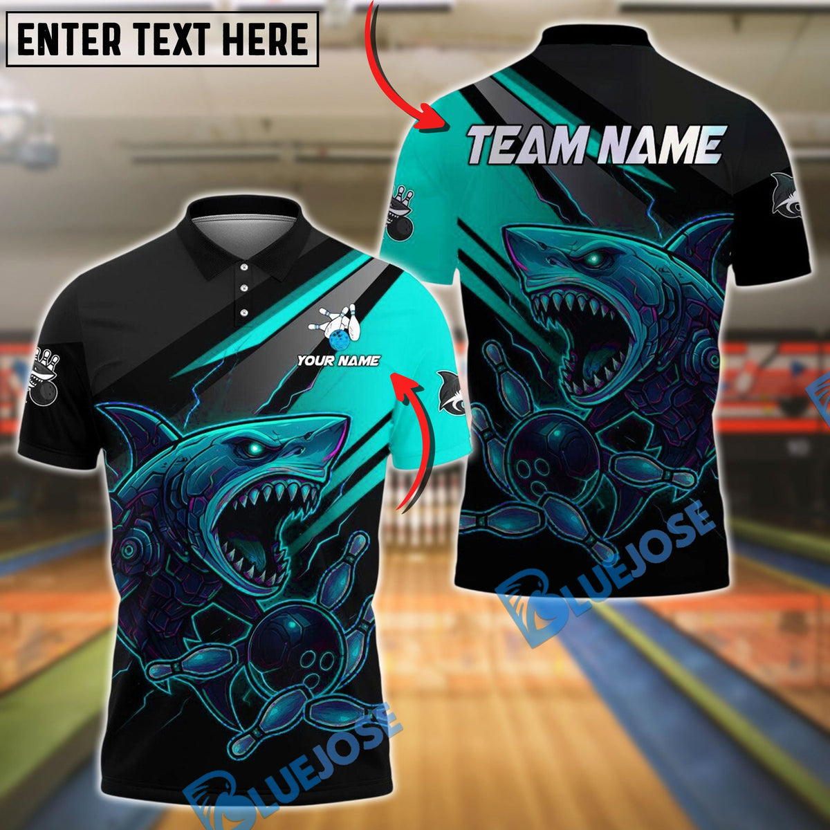 BlueJose Bowling And Pins Cyborg Shark Customized Name, Team Name 3D Shirt (4 Colors)