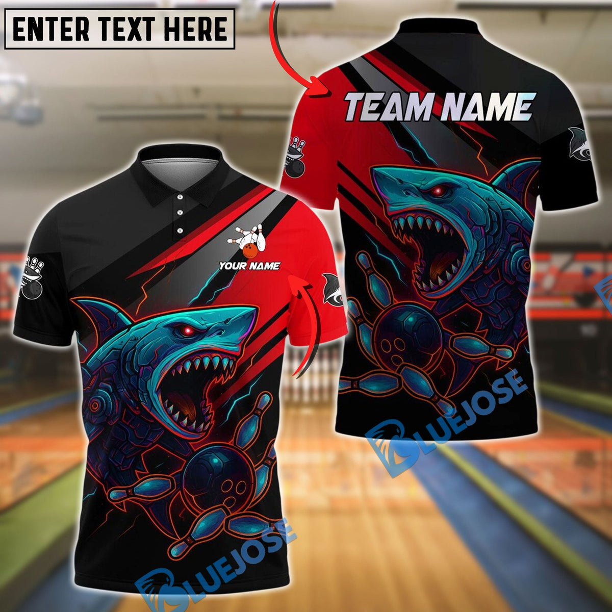 BlueJose Bowling And Pins Cyborg Shark Customized Name, Team Name 3D Shirt (4 Colors)