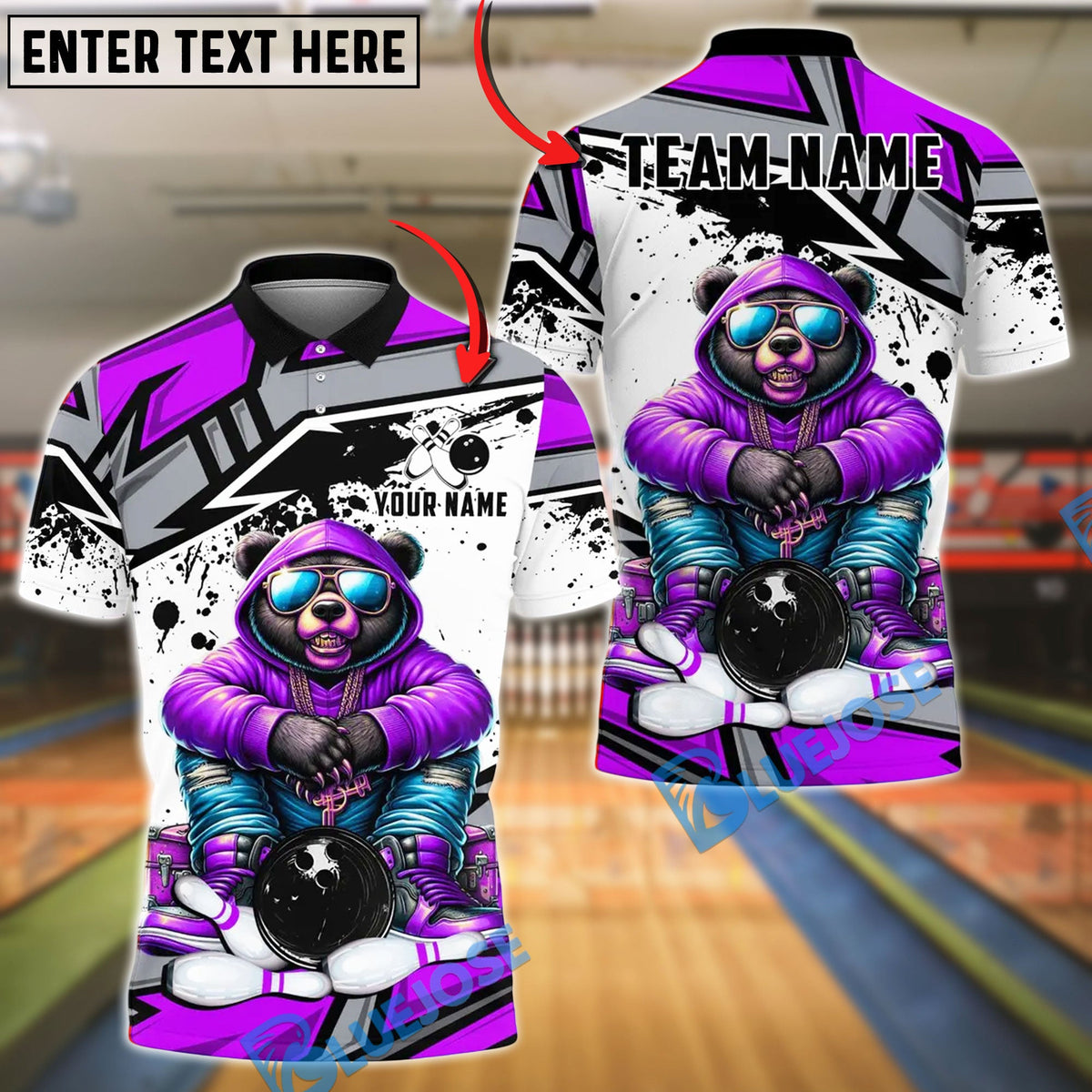 BlueJose Bowling And Pins HipHop Bear Customized Name, Team Name 3D Shirt (4 Colors)