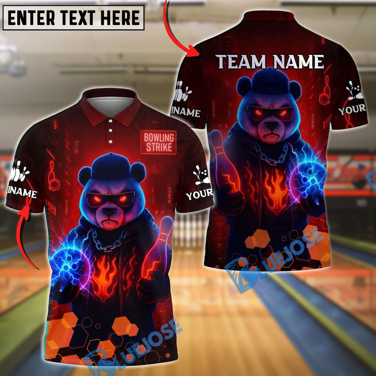 BlueJose Bowling And Pins Neon Flame Panda Customized Name, Team Name 3D Shirt (4 Colors)