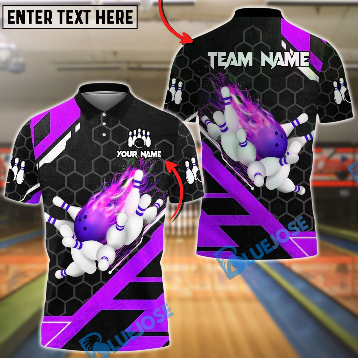 BlueJose Bowling And Pins Flame Hexagon Pattern Customized Name, Team Name 3D Shirt (4 Colors)