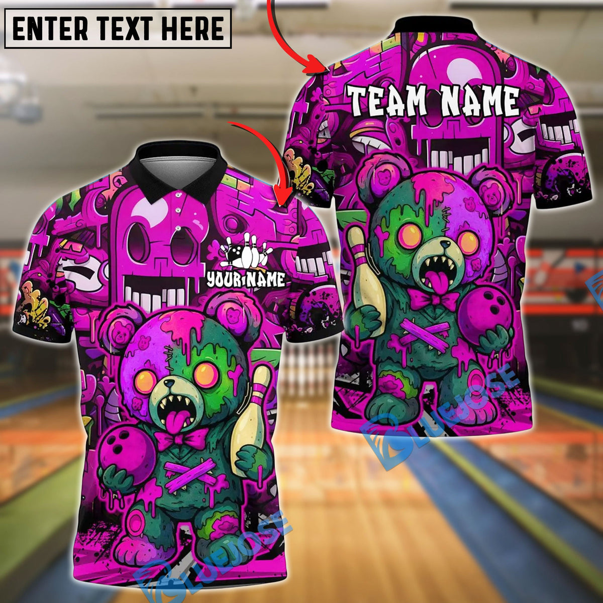 BlueJose Bowling And Pins Halloween Bear Customized Name, Team Name 3D Shirt (4 Colors)