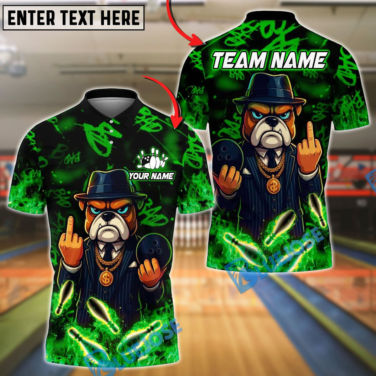 BlueJose Bowling And Pins Cartoon Gangster Dog Customized Name, Team Name 3D Shirt (4 Colors)