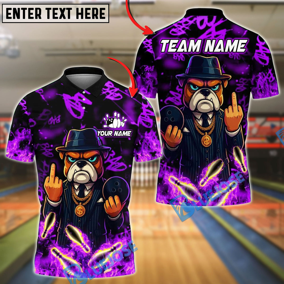 BlueJose Bowling And Pins Cartoon Gangster Dog Customized Name, Team Name 3D Shirt (4 Colors)