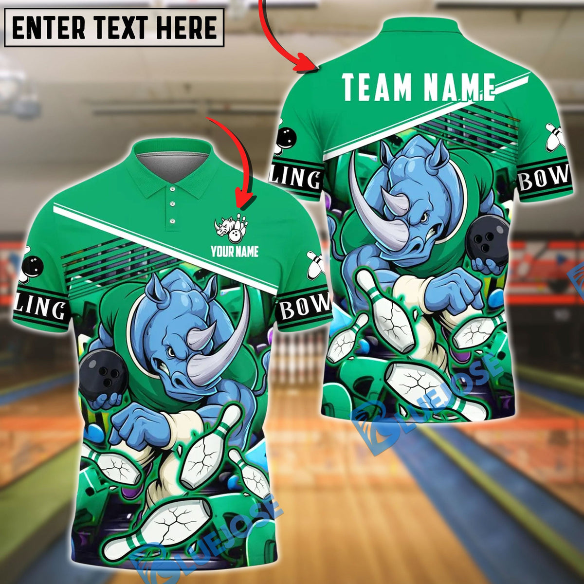BlueJose Bowling And Pins Rhino Crush Strike Customized Name, Team Name 3D Shirt (4 Colors)