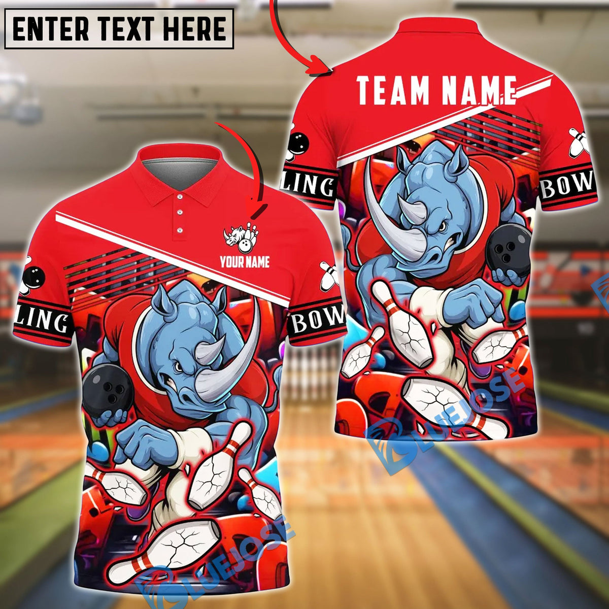 BlueJose Bowling And Pins Rhino Crush Strike Customized Name, Team Name 3D Shirt (4 Colors)