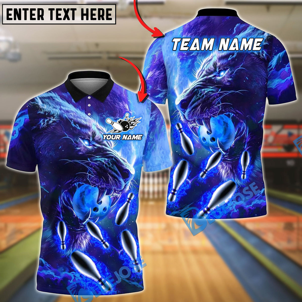 BlueJose Bowling And Pins Flame Super Lion Customized Name, Team Name 3D Shirt (4 Colors)