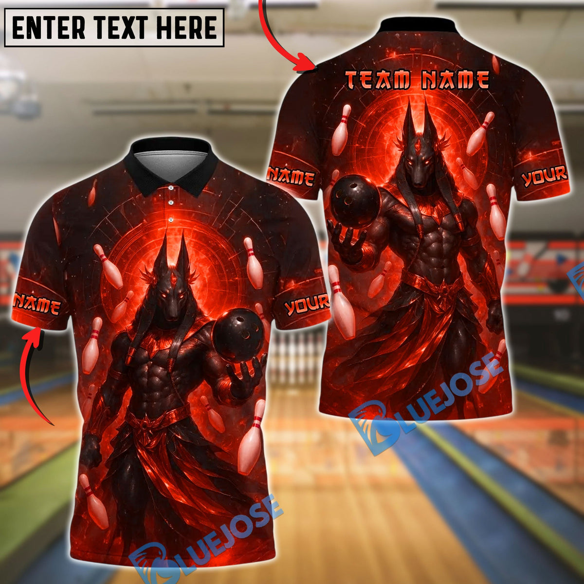 BlueJose Bowling And Pins Ancient Egyptian God Anubis Customized Name, Team Name 3D Shirt (4 Colors)