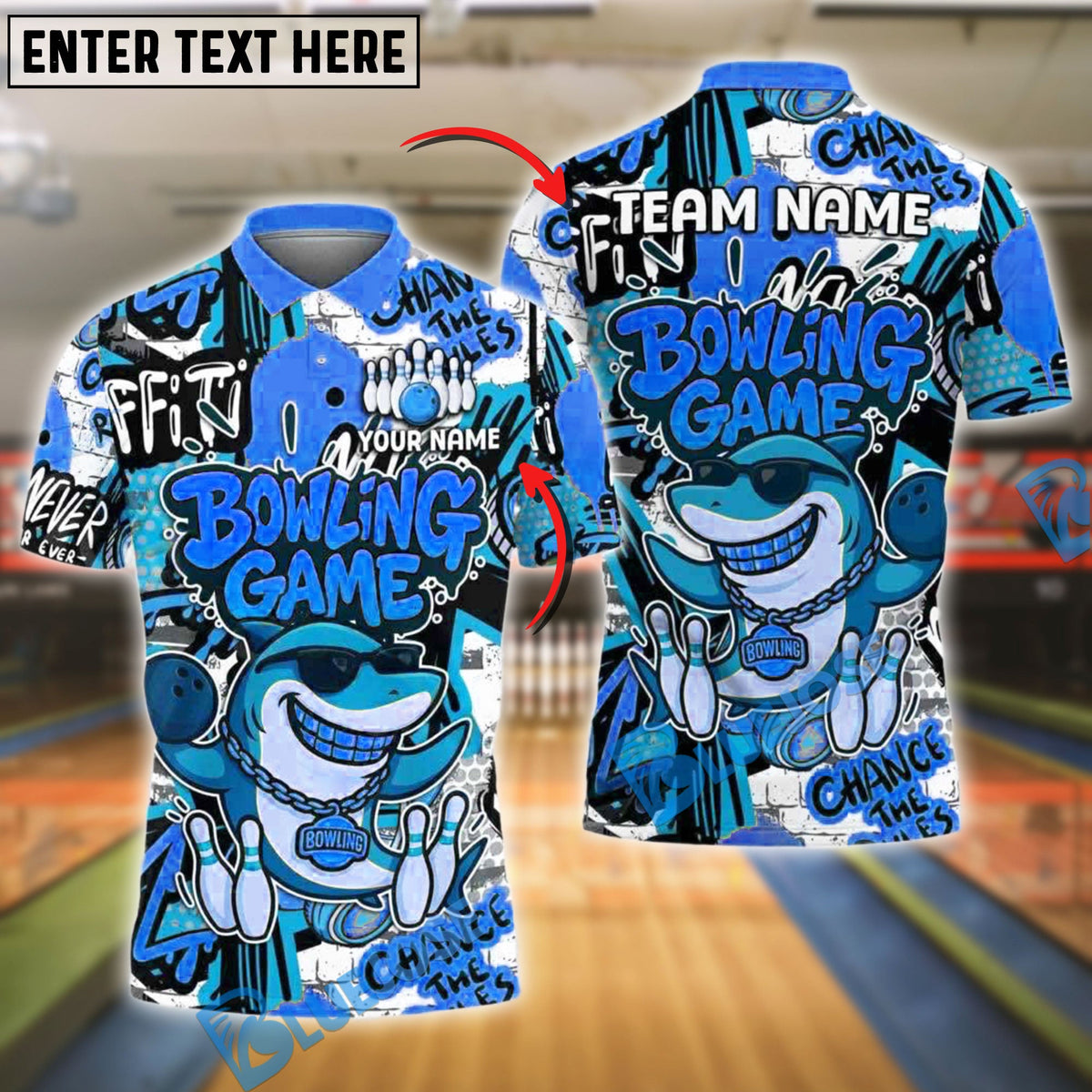 BlueJose Bowling Funny Shark Graffiti Style Customized Name, Team Name 3D Shirt (4 Colors)
